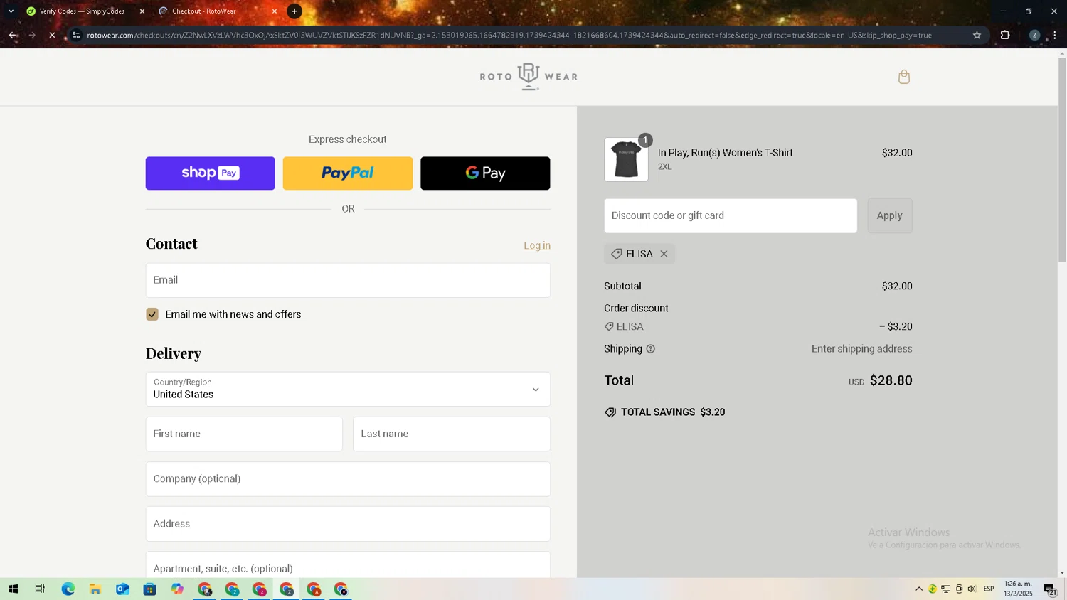 Roto Wear promo code screenshot showing code ELISA applied at Roto Wear checkout page. Uploaded by SimplyCodes community member 27zxbr on Feb 13, 2025