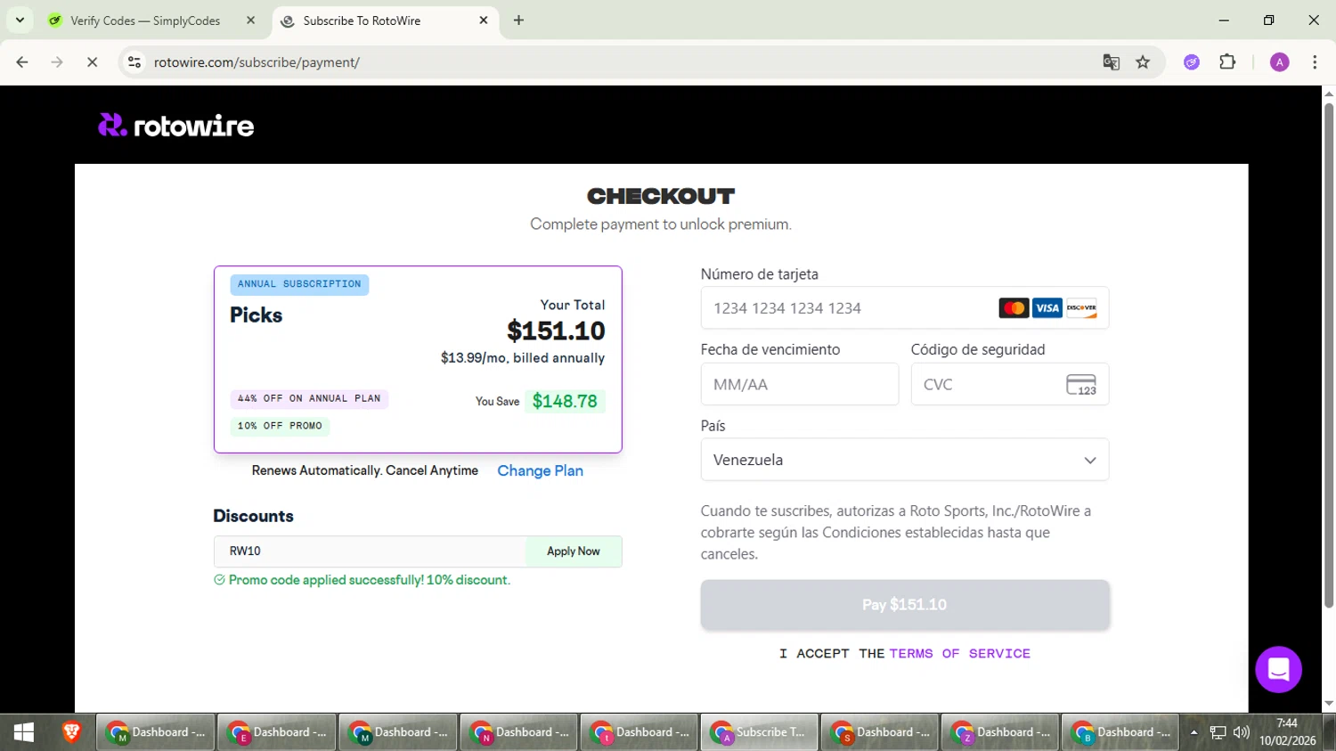 RotoWire checkout page showing RotoWire promo code box | Screenshot taken by SimplyCodes community member on Feb 10, 2026