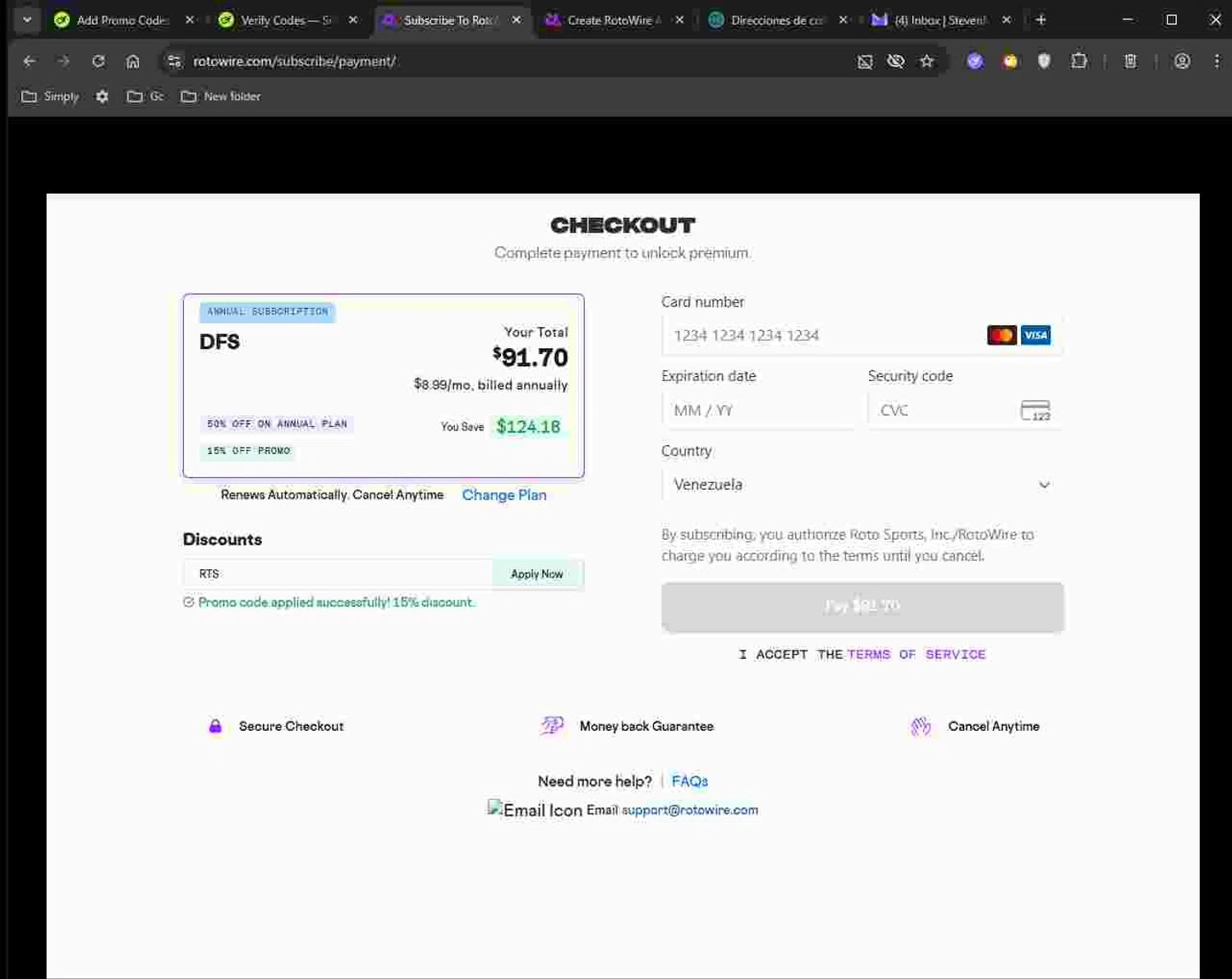 RotoWire promo code screenshot showing code RTS applied at RotoWire checkout page. Uploaded by SimplyCodes community member Deadpool on Nov 30, 2025