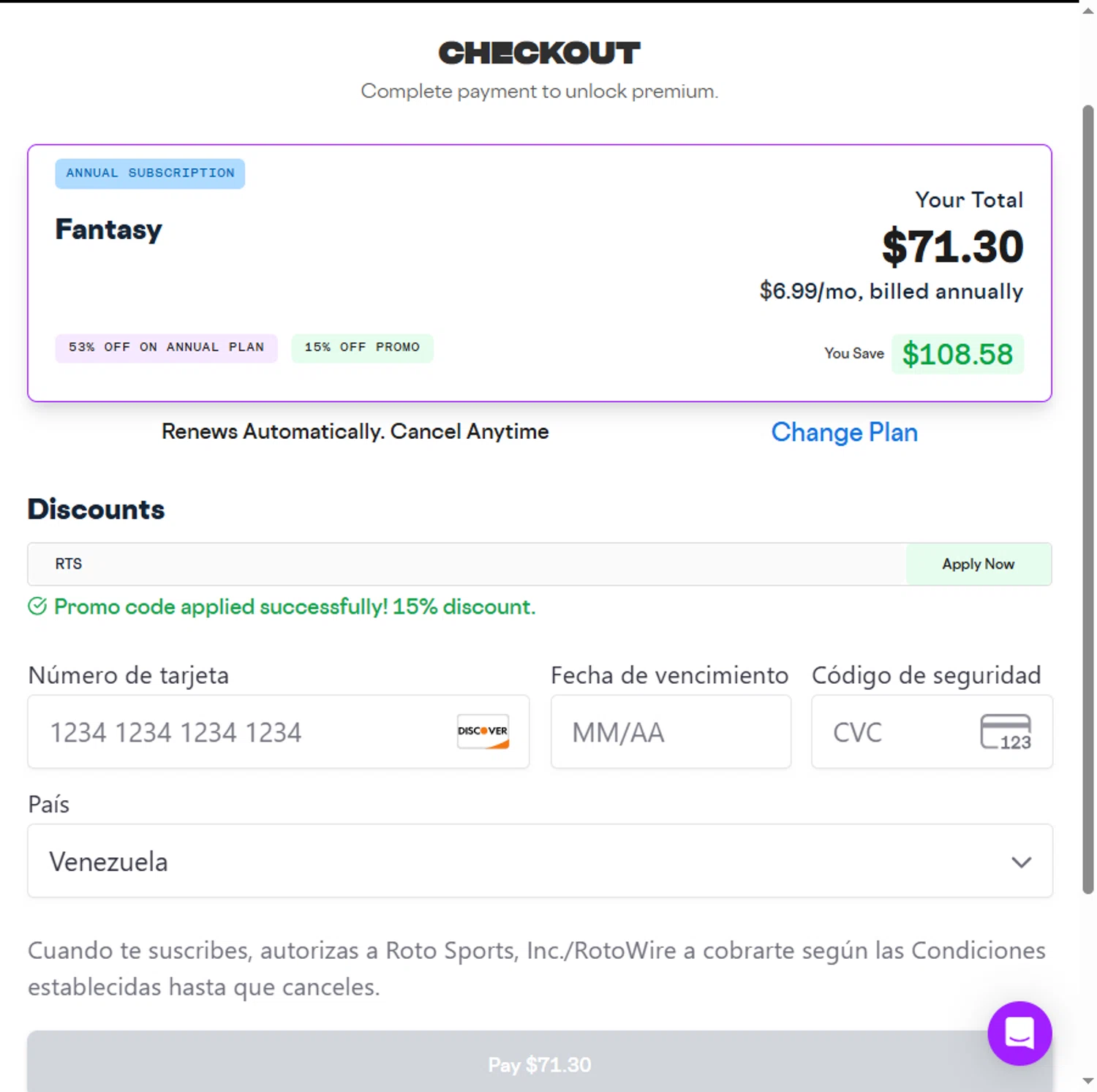 RotoWire promo code screenshot showing code RTS applied at RotoWire checkout page. Uploaded by SimplyCodes community member Sadalsuud on Feb 25, 2026