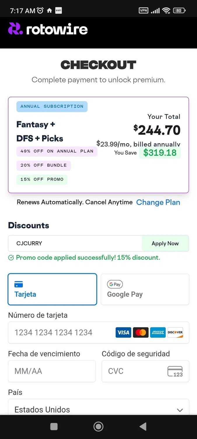 RotoWire promo code screenshot showing code CJCURRY applied at RotoWire checkout page. Uploaded by SimplyCodes community member BargainPioneer8286 on Dec 29, 2025