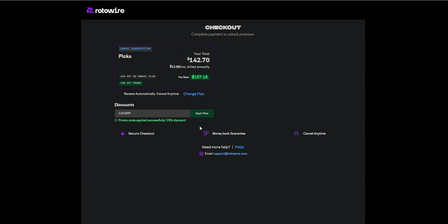 RotoWire promo code screenshot showing code CJCURRY applied at RotoWire checkout page. Uploaded by SimplyCodes community member TreasureMaestro5413 on Nov 30, 2025
