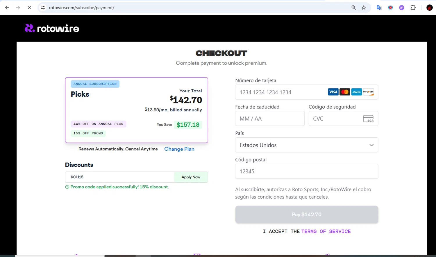 RotoWire promo code screenshot showing code KOH15 applied at RotoWire checkout page. Uploaded by SimplyCodes community member Francisco01 on Jan 27, 2026