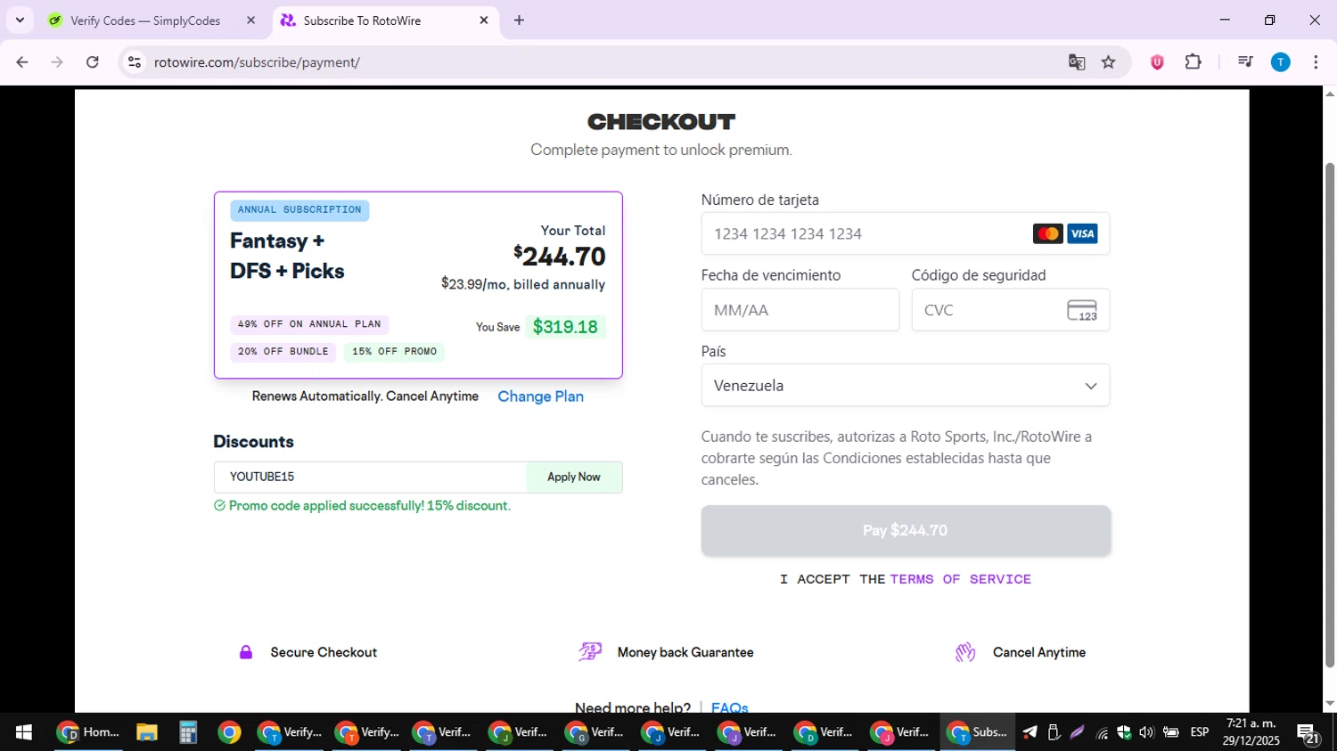 RotoWire promo code screenshot showing code YOUTUBE15 applied at RotoWire checkout page. Uploaded by SimplyCodes community member hankt1521 on Dec 29, 2025