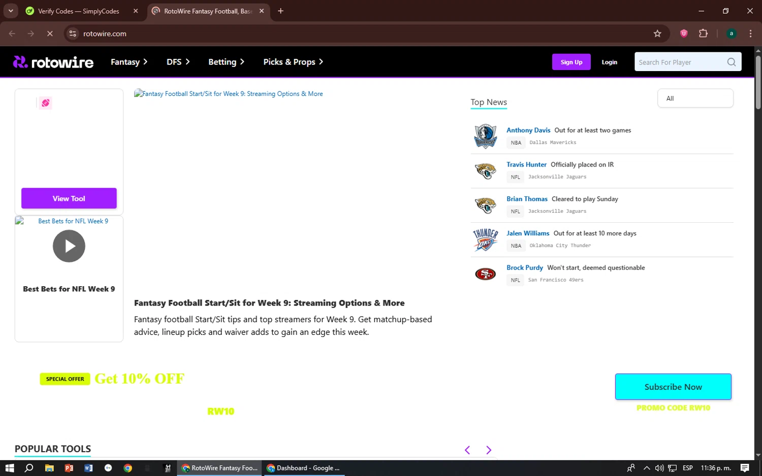 RotoWire promo code screenshot showing code YOUTUBE15 applied at RotoWire checkout page. Uploaded by SimplyCodes community member zizu55 on Nov 1, 2025