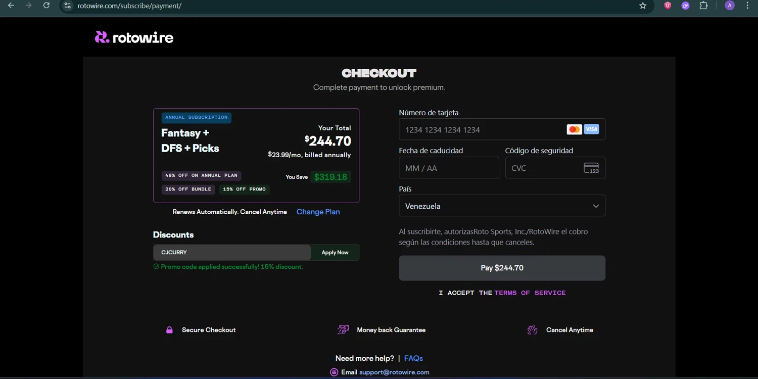 RotoWire promo code screenshot showing code CJCURRY applied at RotoWire checkout page. Uploaded by SimplyCodes community member AGDR28 on Nov 1, 2025