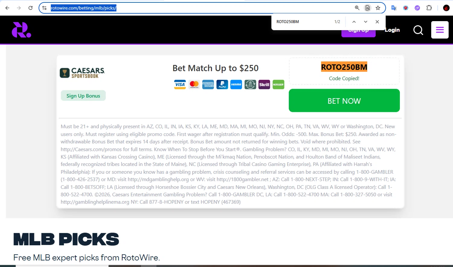 RotoWire promo code screenshot showing code ROTO250BM applied at RotoWire checkout page. Uploaded by SimplyCodes community member Francisco01 on Jan 27, 2026