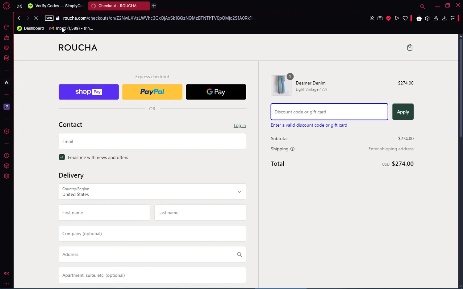 Roucha promo code screenshot showing code WELCOMEBACK10 applied at Roucha checkout page. Uploaded by SimplyCodes community member jakeperro on Feb 19, 2025