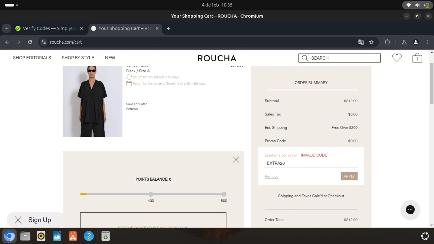 Roucha promo code screenshot showing code EXTRA20 applied at Roucha checkout page. Uploaded by SimplyCodes community member SAIKOO on Feb 4, 2025