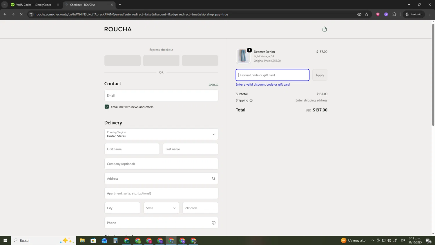 Roucha promo code screenshot showing code 20OFFDENIM applied at Roucha checkout page. Uploaded by SimplyCodes community member AVATIGRITO on Oct 31, 2025