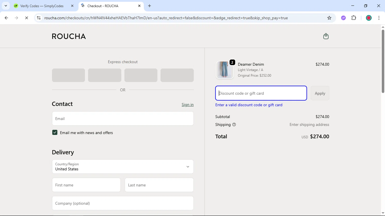 Roucha promo code screenshot showing code 20OFFDENIM applied at Roucha checkout page. Uploaded by SimplyCodes community member DiscountSentinel4513 on Oct 31, 2025