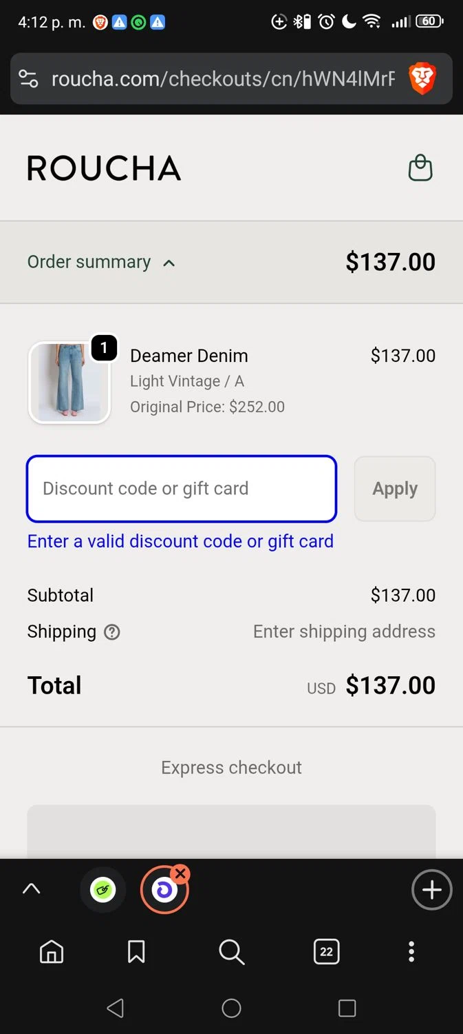 Roucha promo code screenshot showing code 20OFFDENIM applied at Roucha checkout page. Uploaded by SimplyCodes community member Minatonamekaze on Oct 31, 2025