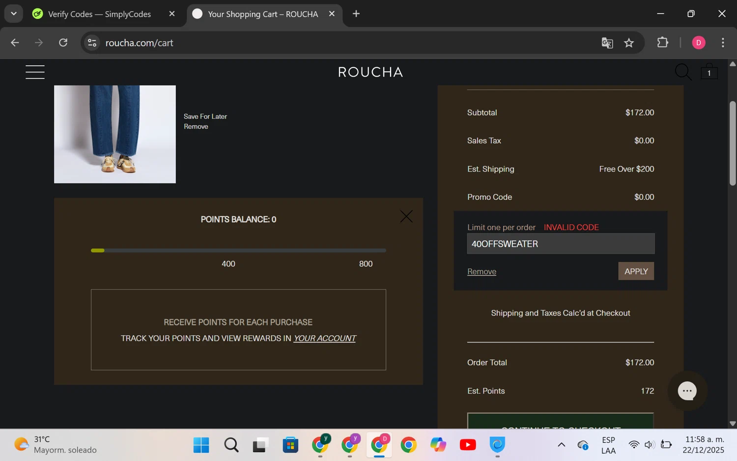 Roucha promo code screenshot showing code 40OFFSWEATER applied at Roucha checkout page. Uploaded by SimplyCodes community member LuckyHero4650 on Dec 22, 2025