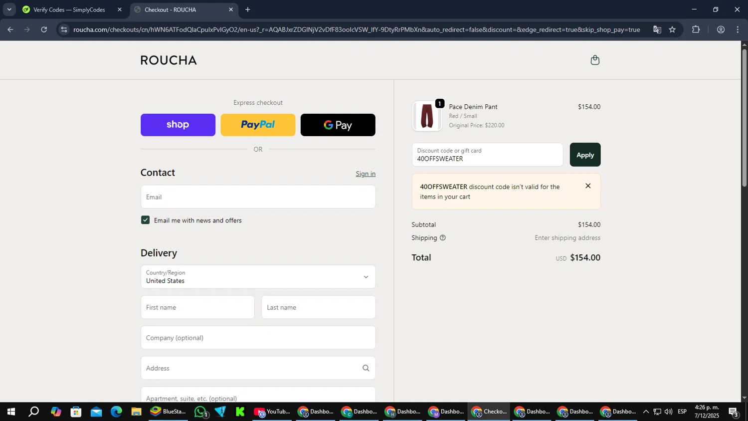 Roucha checkout page showing Roucha promo code box | Screenshot taken by SimplyCodes community member on Dec 7, 2025