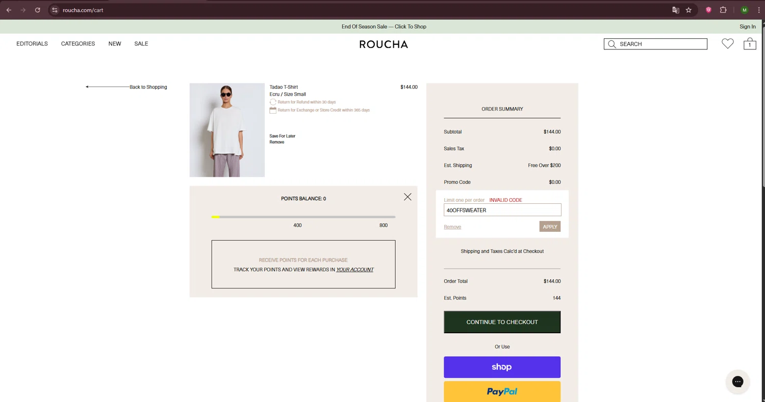 Roucha promo code screenshot showing code 40OFFSWEATER applied at Roucha checkout page. Uploaded by SimplyCodes community member TreasureGenius4220 on Dec 22, 2025