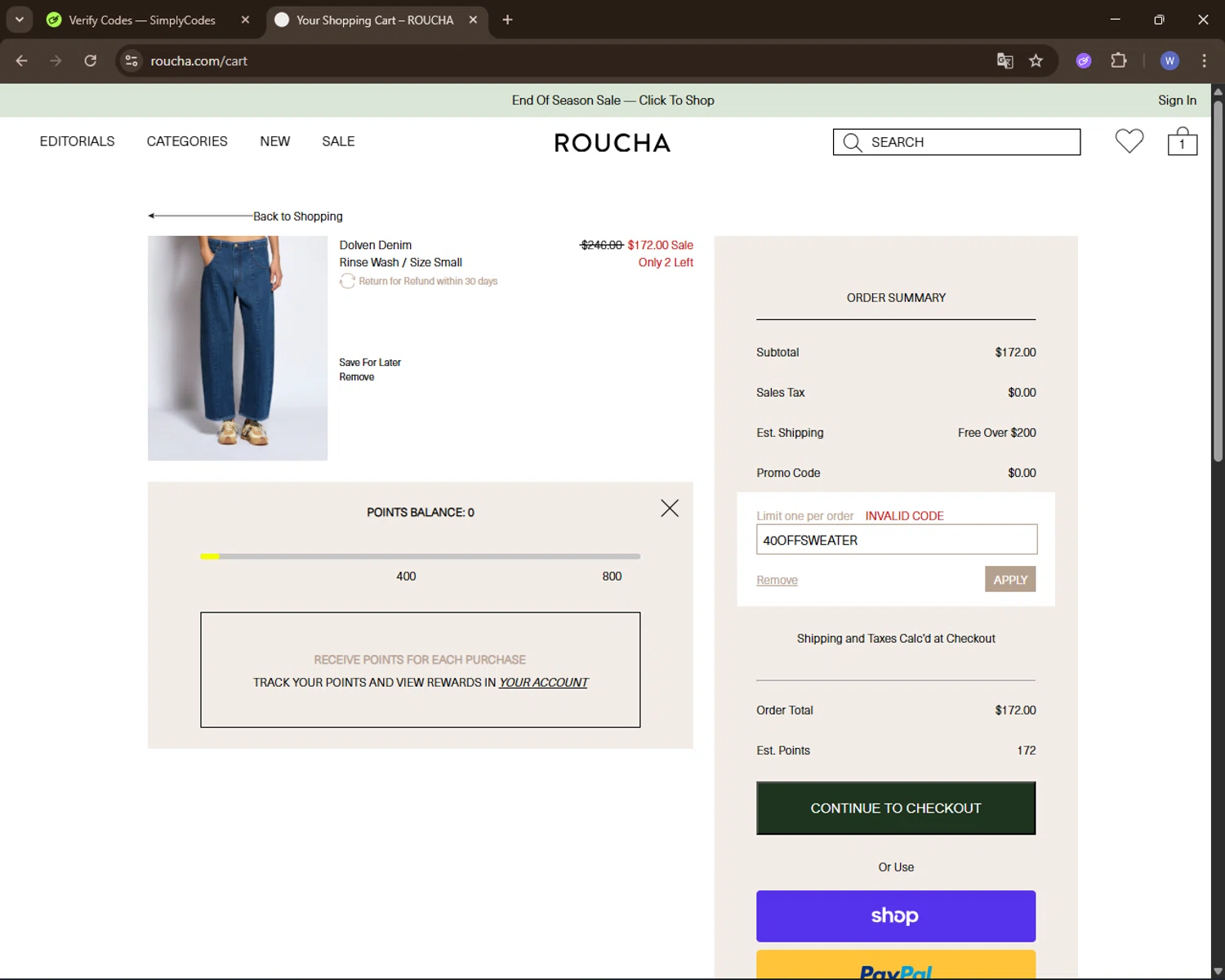 Roucha promo code screenshot showing code 40OFFSWEATER applied at Roucha checkout page. Uploaded by SimplyCodes community member VoucherElite7352 on Dec 22, 2025