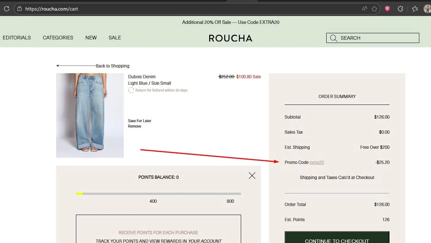 Roucha promo code screenshot showing code EXTRA20 applied at Roucha checkout page. Uploaded by SimplyCodes community member HonestVzla on Jan 14, 2026