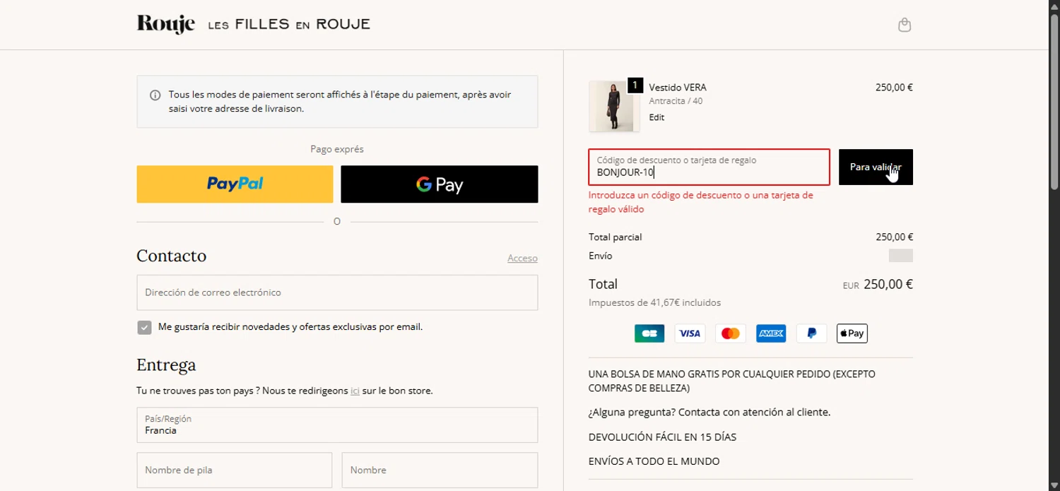 Rouje discount code screenshot showing code BONJOUR-10 applied at Rouje checkout page. Uploaded by SimplyCodes community member Bendito on Oct 6, 2025