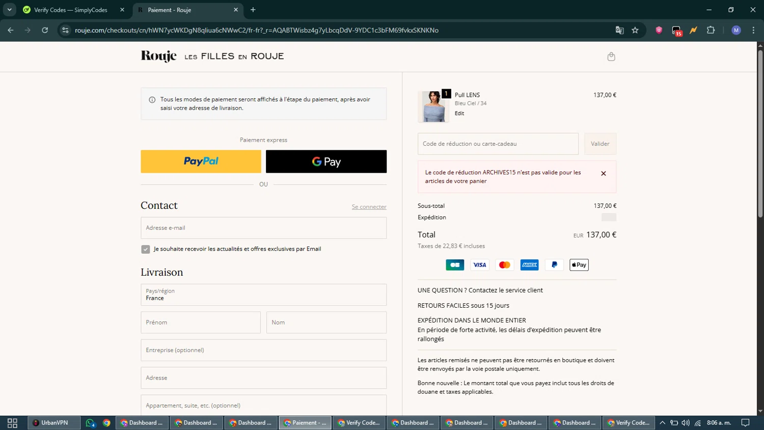 Rouje checkout page showing Rouje discount code box | Screenshot taken by SimplyCodes community member on Jan 24, 2026