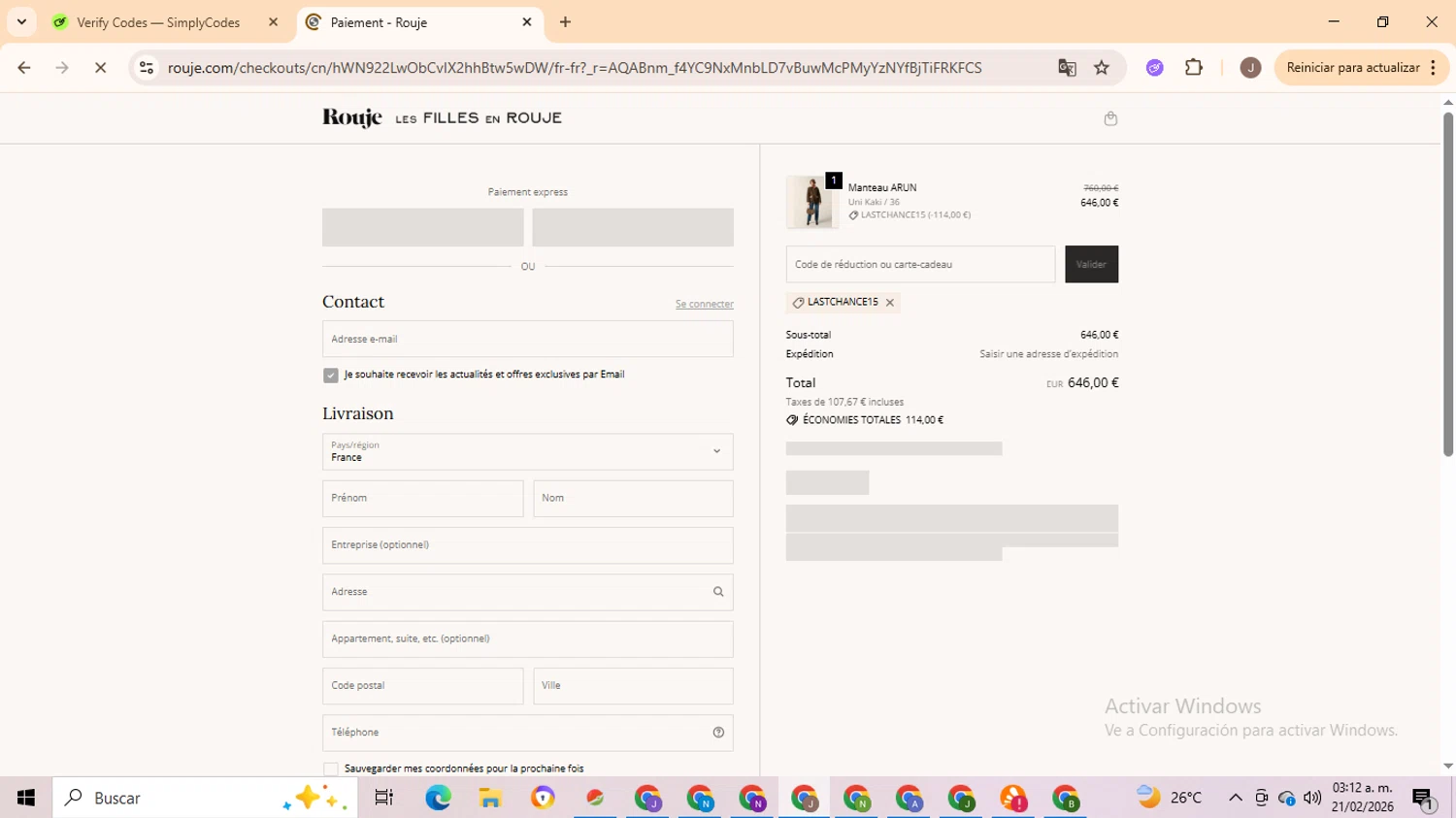 Rouje promo code screenshot showing code LASTCHANCE15 applied at Rouje checkout page. Uploaded by SimplyCodes community member ValiantHero2365 on Feb 21, 2026
