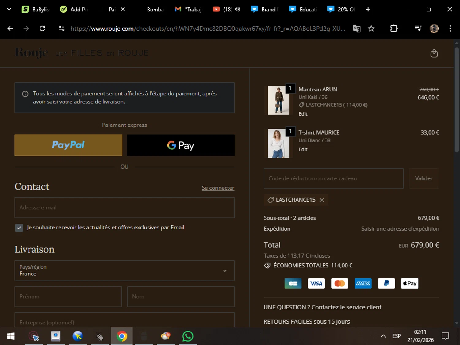 Rouje promo code screenshot showing code LASTCHANCE15 applied at Rouje checkout page. Uploaded by SimplyCodes community member MarcosAranguren on Feb 21, 2026