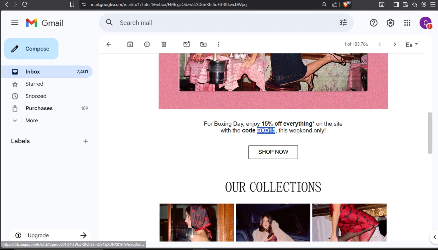 Rouje discount code screenshot showing code BXD15 applied at Rouje checkout page. Uploaded by SimplyCodes community member crischidy25 on Dec 26, 2025
