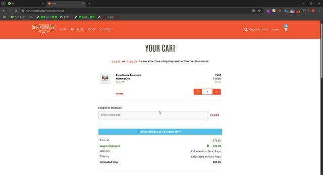 Roundhouse Provisions checkout page showing Roundhouse Provisions coupon code box | Screenshot taken by SimplyCodes community member on Jul 30, 2025