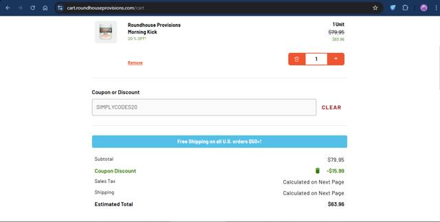 Roundhouse Provisions checkout page showing Roundhouse Provisions coupon code box | Screenshot taken by SimplyCodes community member on Sep 4, 2025