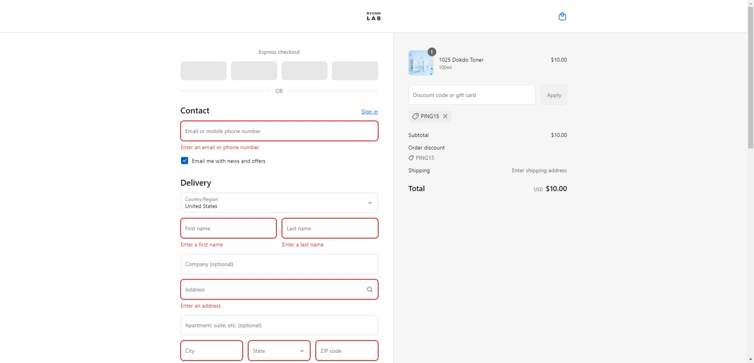 Round Lab discount code screenshot showing code PING15 applied at Round Lab checkout page. Uploaded by SimplyCodes community member ScanRanger3503 on Sep 15, 2025