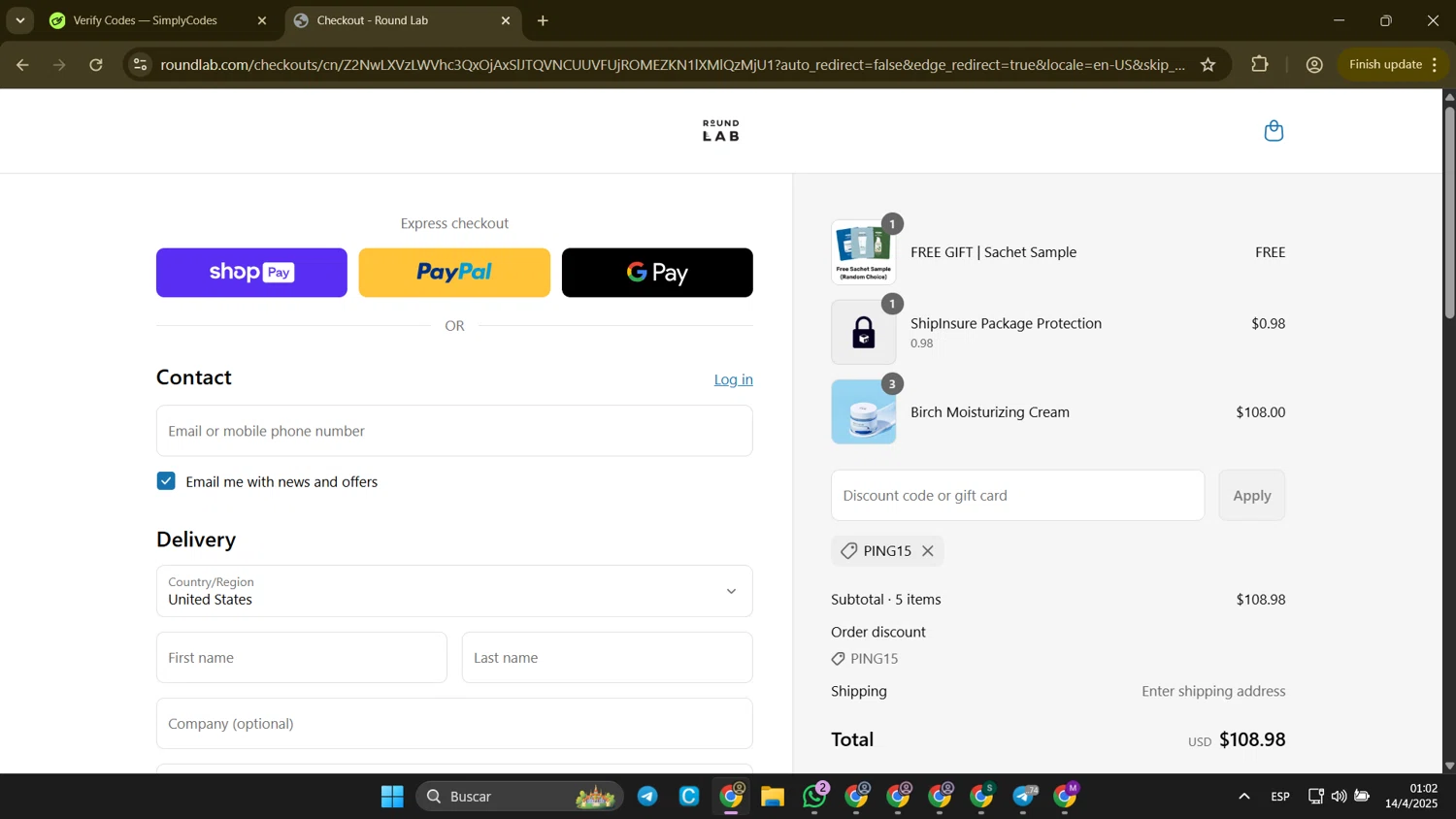 Round Lab discount code screenshot showing code PING15 applied at Round Lab checkout page. Uploaded by SimplyCodes community member CleverLion9708 on Apr 14, 2025