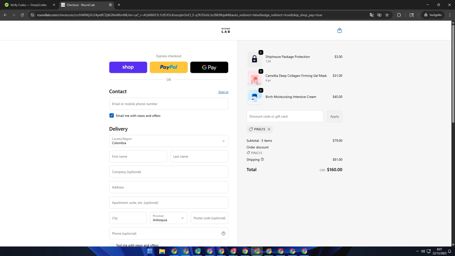 Round Lab discount code screenshot showing code PING15 applied at Round Lab checkout page. Uploaded by SimplyCodes community member pequenokalvin5 on Dec 22, 2025