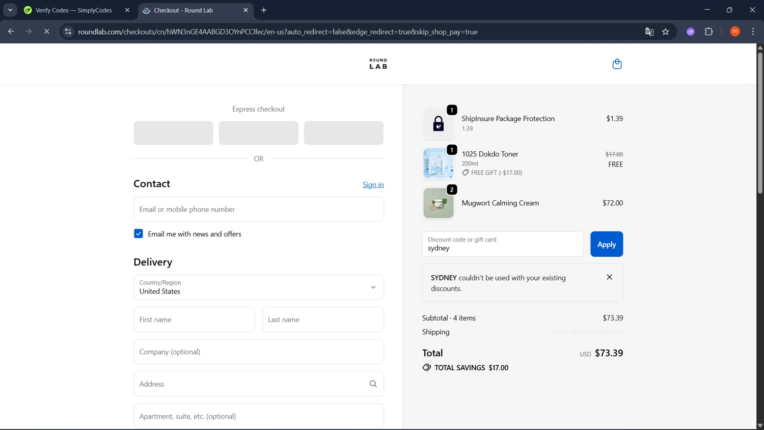 Round Lab discount code screenshot showing code sydney applied at Round Lab checkout page. Uploaded by SimplyCodes community member PromoMonarch895 on Oct 6, 2025