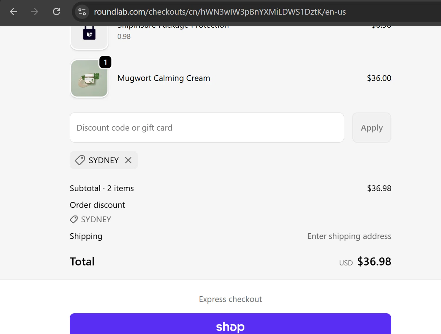 Round Lab discount code screenshot showing code sydney applied at Round Lab checkout page. Uploaded by SimplyCodes community member Teamojehova on Oct 10, 2025