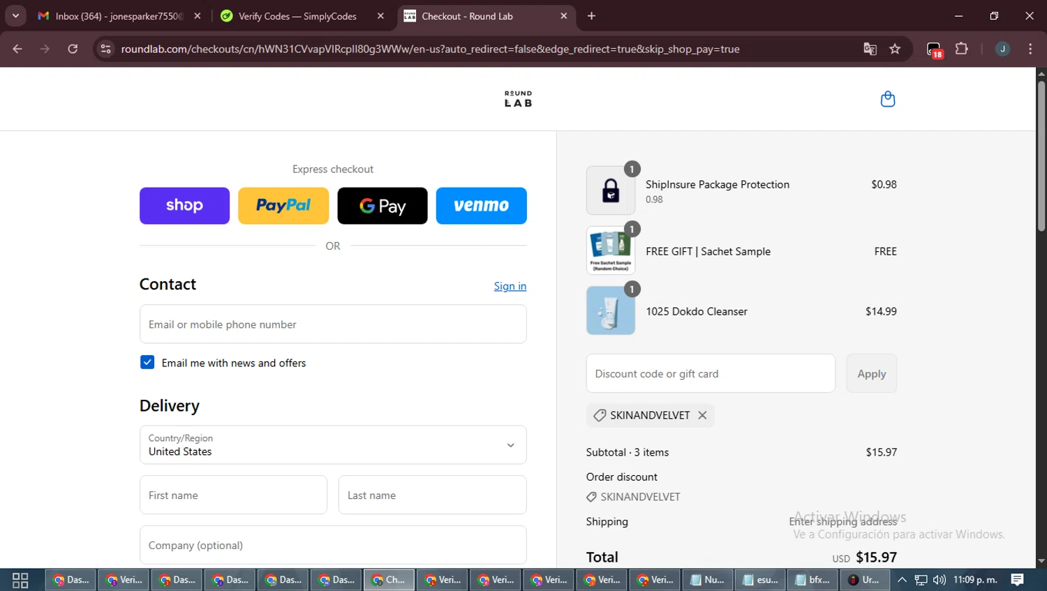 Round Lab discount code screenshot showing code SKINANDVELVET applied at Round Lab checkout page. Uploaded by SimplyCodes community member ScanLynx8928 on Sep 15, 2025