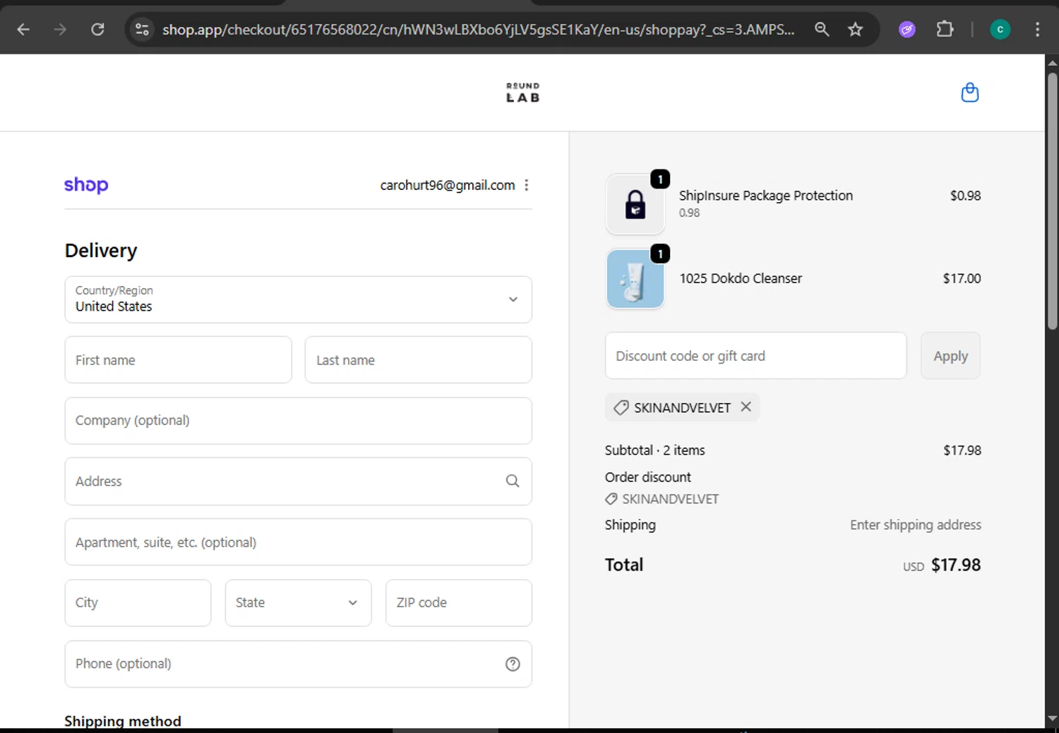 Round Lab discount code screenshot showing code SKINANDVELVET applied at Round Lab checkout page. Uploaded by SimplyCodes community member WiseMonarch3906 on Oct 10, 2025