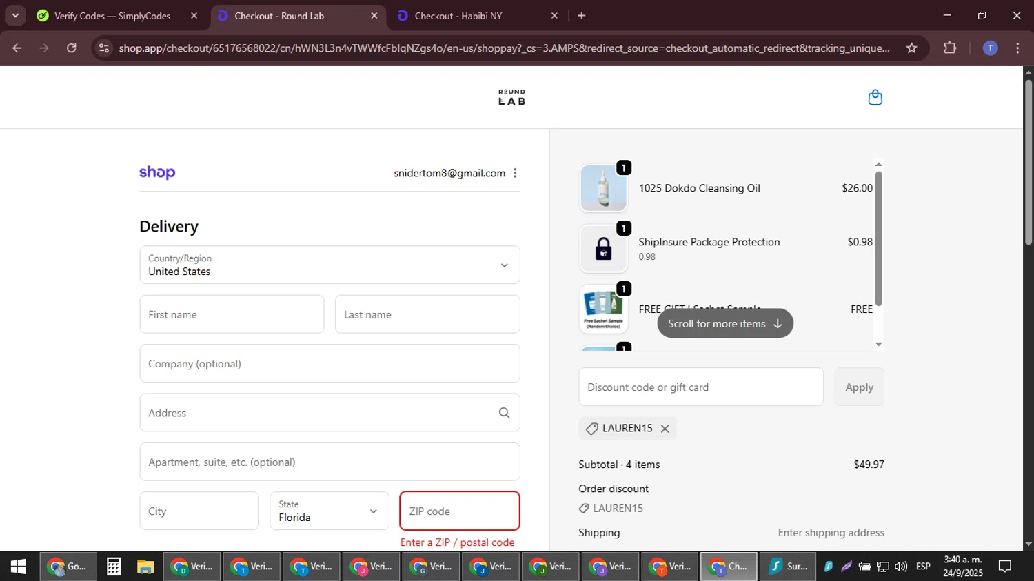 Round Lab discount code screenshot showing code LAUREN15 applied at Round Lab checkout page. Uploaded by SimplyCodes community member snidertom8 on Sep 24, 2025