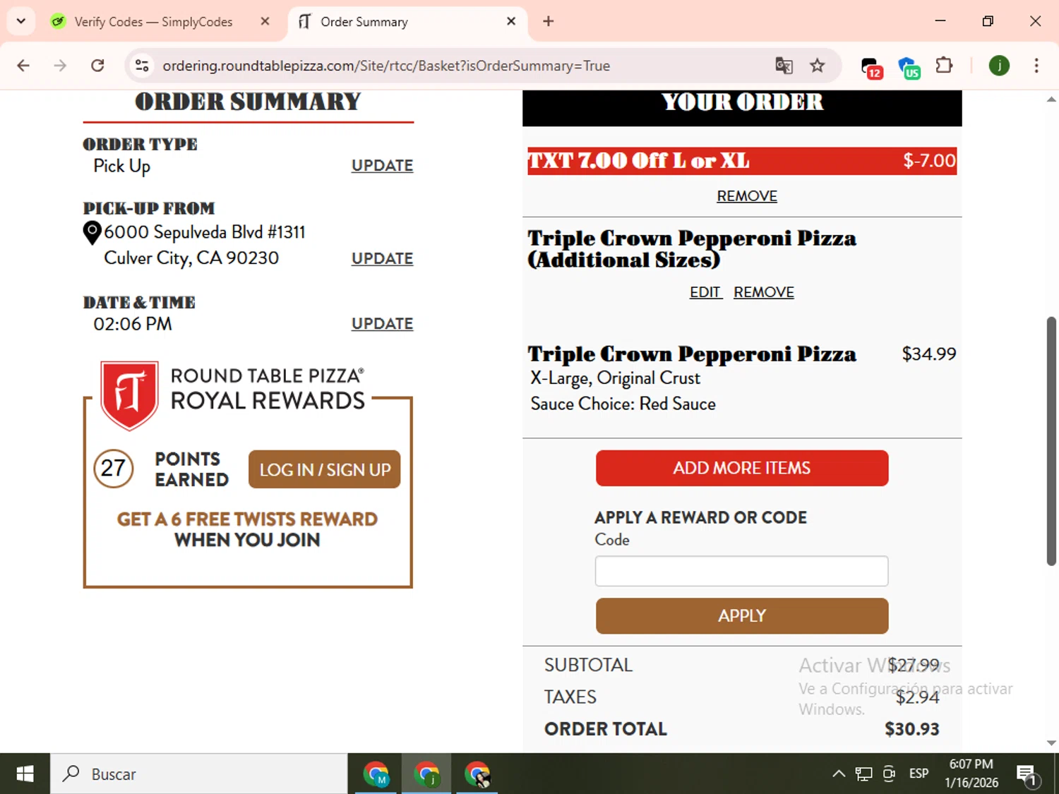 Round Table Pizza promo code screenshot showing code WELCOME7 applied at Round Table Pizza checkout page. Uploaded by SimplyCodes community member SavingsCollector2592 on Jan 16, 2026