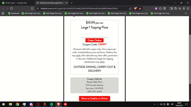 Round Table Pizza checkout page showing Round Table Pizza coupon code box | Screenshot taken by SimplyCodes community member on Aug 17, 2025