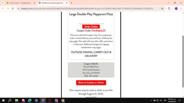 Round Table Pizza checkout page showing Round Table Pizza coupon code box | Screenshot taken by SimplyCodes community member on Aug 30, 2025