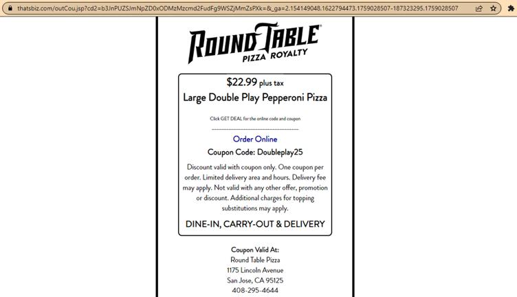 Round Table Pizza Promo Codes - 25% Off November
