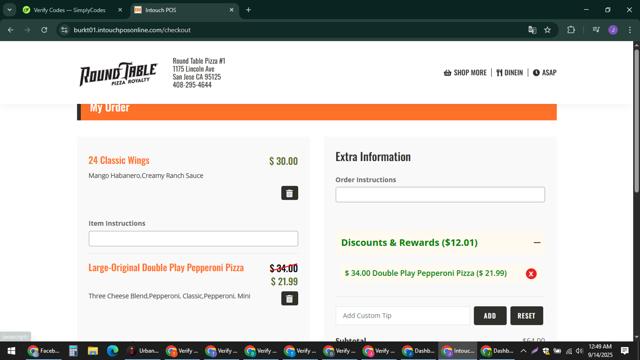 Round Table Pizza checkout page showing Round Table Pizza coupon code box | Screenshot taken by SimplyCodes community member on Sep 14, 2025