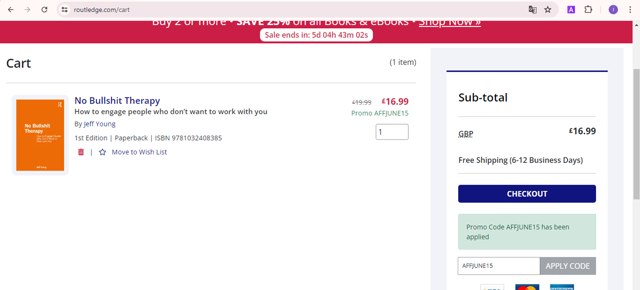 Routledge checkout page showing Routledge promo code box | Screenshot taken by SimplyCodes community member on Jun 21, 2024