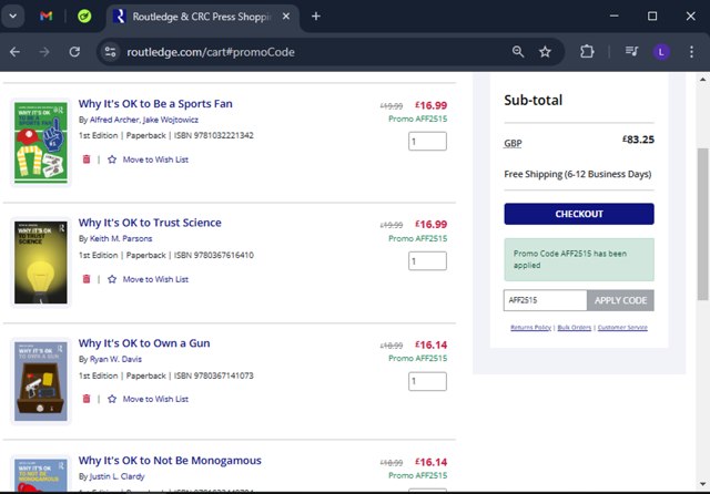 Routledge checkout page showing Routledge promo code box | Screenshot taken by SimplyCodes community member on Feb 26, 2025