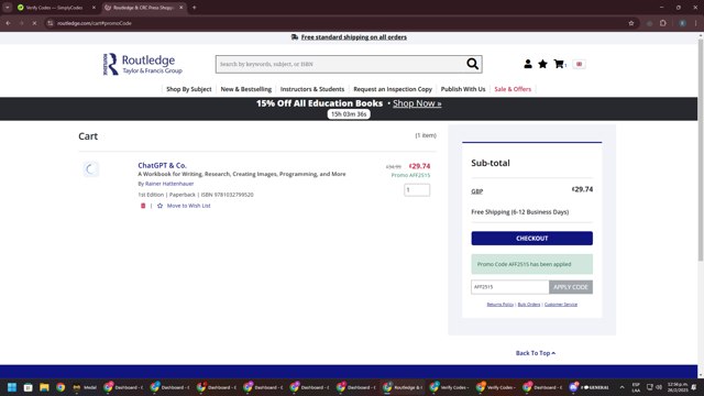 Routledge checkout page showing Routledge promo code box | Screenshot taken by SimplyCodes community member on Feb 26, 2025