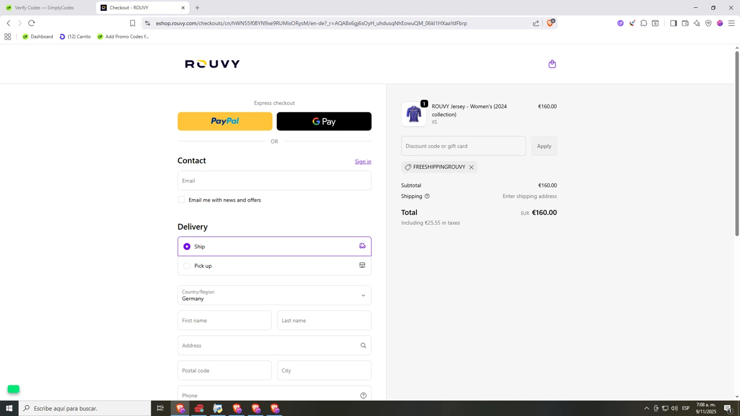ROUVY promo code screenshot showing code FREESHIPPINGROUVY applied at ROUVY checkout page. Uploaded by SimplyCodes community member Nezukooo on Nov 9, 2025