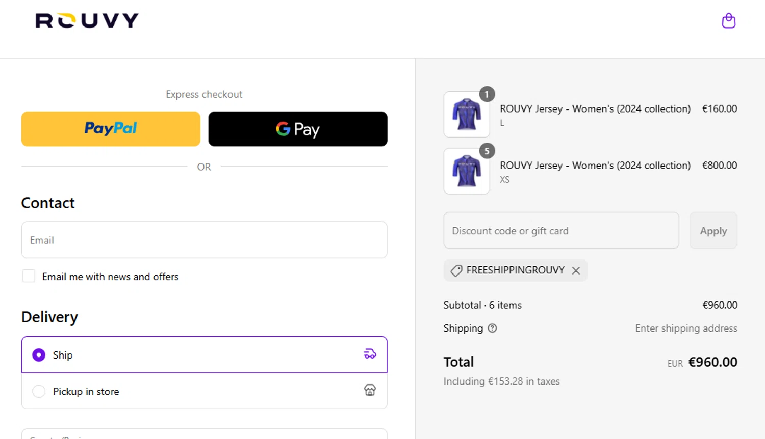 ROUVY promo code screenshot showing code FREESHIPPINGROUVY applied at ROUVY checkout page. Uploaded by SimplyCodes community member RebateWizard4874 on Jun 25, 2025