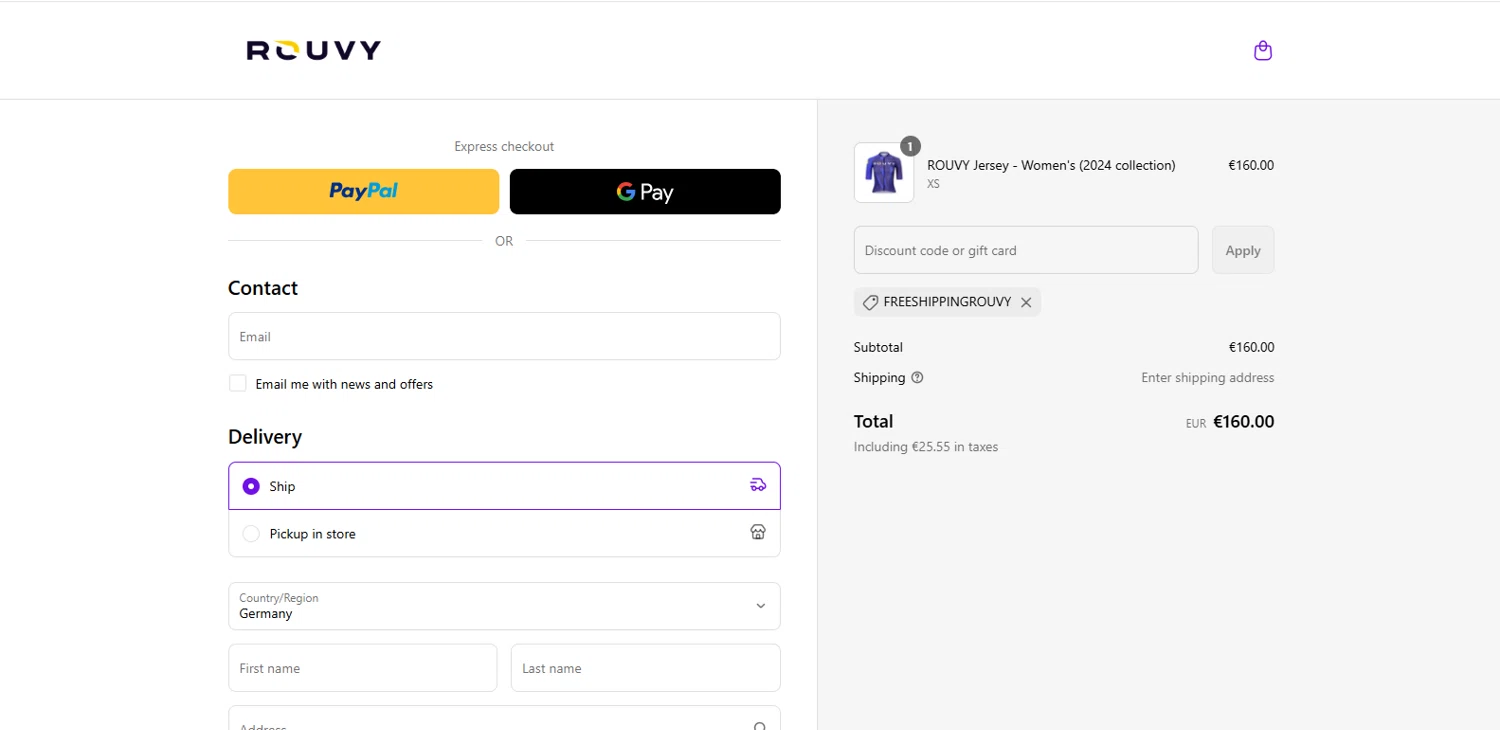 ROUVY promo code screenshot showing code FREESHIPPINGROUVY applied at ROUVY checkout page. Uploaded by SimplyCodes community member dimitriv on Jun 18, 2025