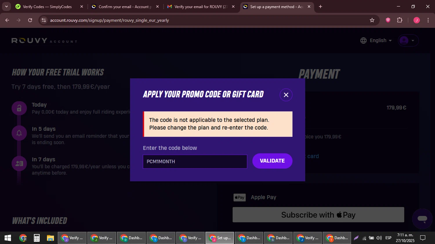 ROUVY promo code screenshot showing code PCM1MONTH applied at ROUVY checkout page. Uploaded by SimplyCodes community member JackWilson63 on Oct 27, 2025