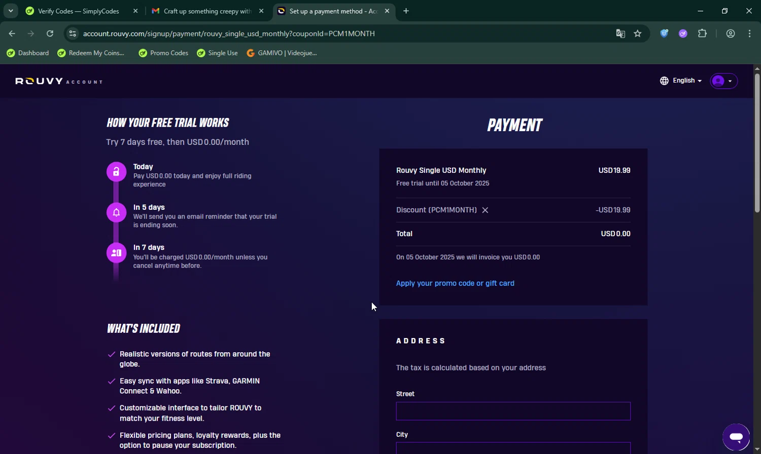 ROUVY promo code screenshot showing code PCM1MONTH applied at ROUVY checkout page. Uploaded by SimplyCodes community member LHaunter on Sep 28, 2025