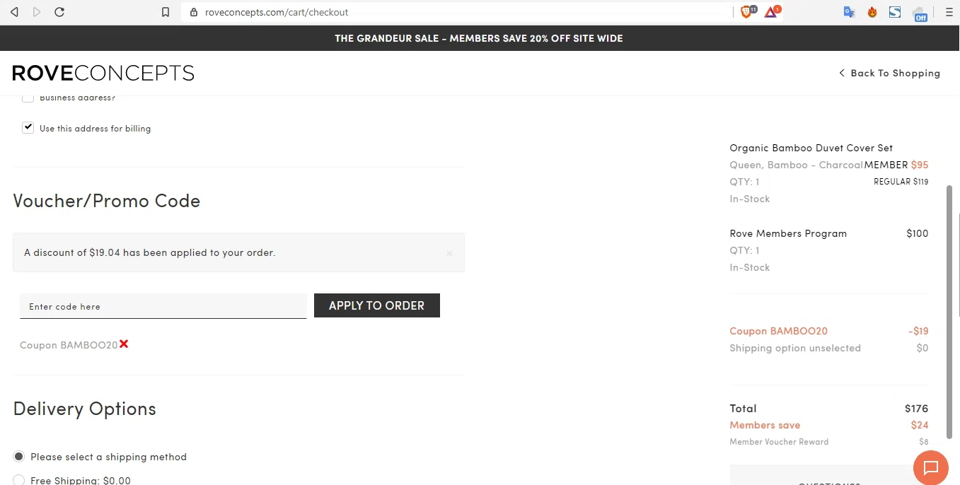 where to use Rove Concepts promo code box